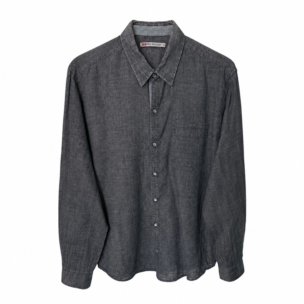 PROJEK RAW Men's Linen Charcoal Gray Long Sleeve Button-Up Shirt Size G/L